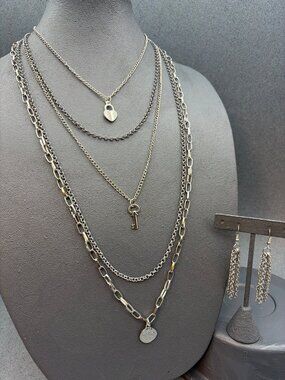 Layered Necklace Chain Earrings Set 14 In Heart Key Coin Charms Silver Gray Boho